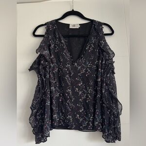 Tanya Taylor Cold Shoulder Silk Blouse , Size 8, Black Multi Print